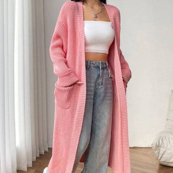 Dusty Pink Casual Womens Dual Pocket Drop Shoulder Open Front Cardigan - Picture 5 of 5